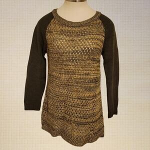 212 New York Crochet Knit Raglan Sleeve Sweater M L Brown Stretchy Pullover